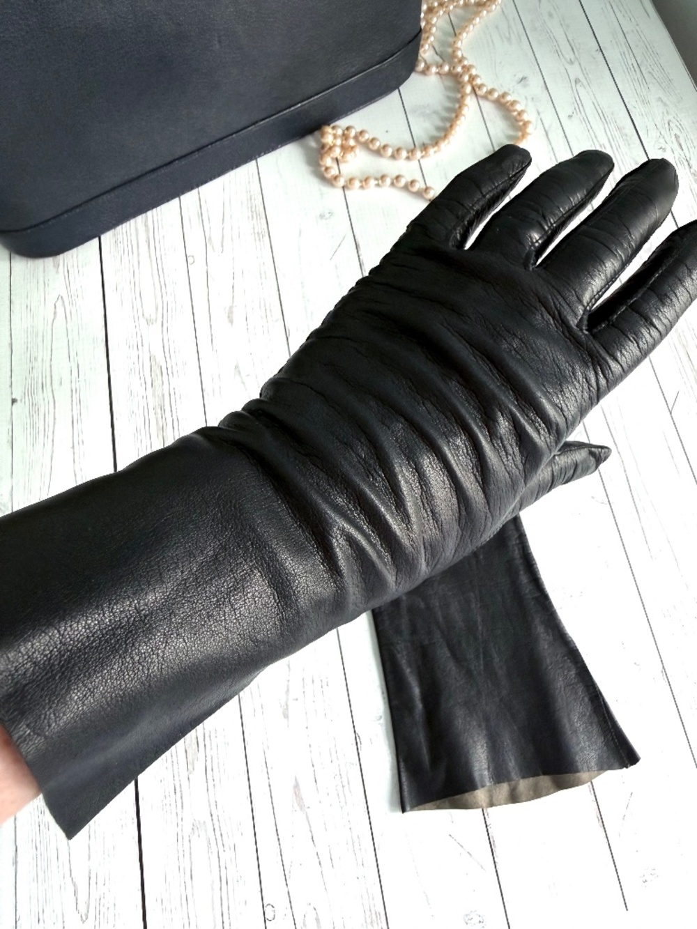 Vintage 1950s–60s Black Kid Leather Gloves • Small • Opera Length • MadMen Style